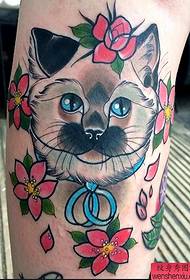 Leg color cat flower tattoo works