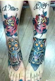 fashion female instep owl rose tattoo pattern picture