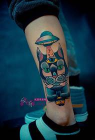 creative flying saucer and dog ankle tattoo picture