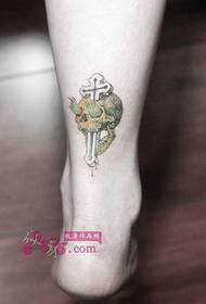 colorful skull cross ankle tattoo picture