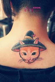 straw hat small cute cat back neck tattoo picture