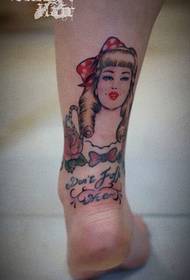 女性脚踝彩色女郎纹身图案
