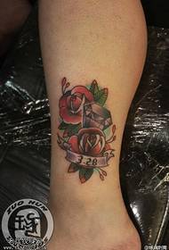 ankle colored diamond rose Tattoo works