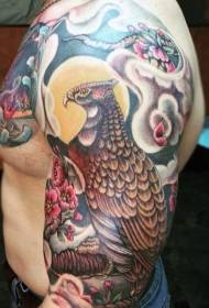 Arm and chest very beautiful colorful eagle flower tattoo pattern