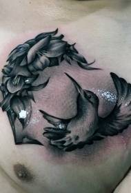 Chest realistic style black gray bird and flower tattoo pattern
