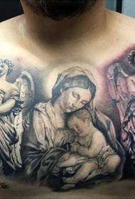 胸部宗教题材黑色天使雕像纹身图案