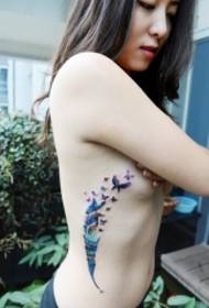 girl side rib exquisite beautiful butterfly feather tattoo pattern