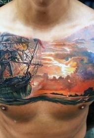 chest color realistic big ship at sea Tattoo pattern