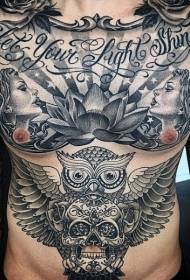 chest and abdomen gray lotus woman and owl skull tattoo pattern