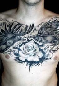chest unique design of black gray crow and rose tattoo pattern