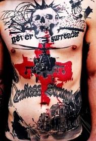 bryst og mage militær stil storstilte tatoveringsmønster i farger