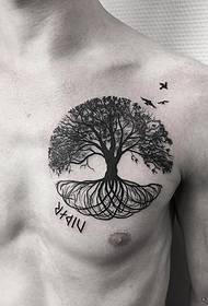 male chest tree line bird tattoo pattern