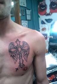 boys chest black pricks simple lines wings and cross tattoo pictures