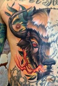 half-colored large area bull with flame and leaf tattoo pattern