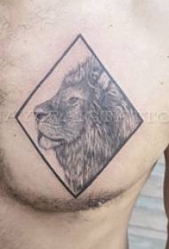 boys chest black and white gray style pricking technique geometric element lion king tattoo animal picture