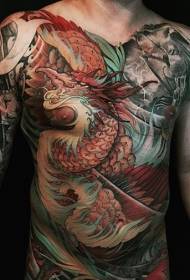 Visu japāņu stila krāsu pūķis un samuraju tetovējums