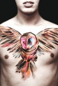 cute watercolor big owl chest tattoo pattern