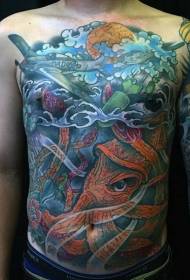 krūškurvja un vēdera daudzkrāsains militārā iznīcinātāja un astoņkāja tetovējuma raksts 51492 - krūškurvja puse no vārnas melnbaltā tetovējuma modeļa
