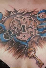 key lock and blue ribbon chest tattoo pattern