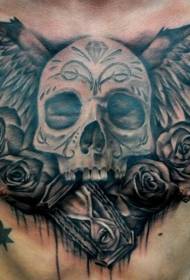 mellkas fekete szürke szárnyak koponya rózsa és óra tetoválás minta