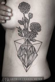 side rib geometry theme black flower with diamond tattoo pattern