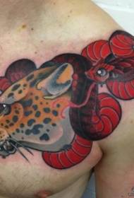 chest European and American leopard head with red snake tattoo pattern