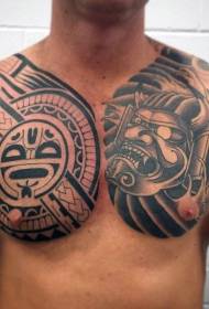 chest tribe totem with samurai mask tattoo pattern
