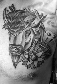 new school chest black bull and flower tattoo pattern