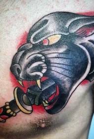 черная пантера с кинжалом в виде простой татуировки на груди