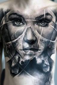 borst prachtig zwart grijs vrouw portret met brandende vulkaan tattoo patroon