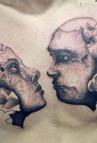 chest surreal style black man and woman portrait tattoo pattern