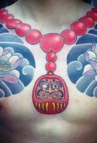 chest illustration style color Dharma necklace and lotus tattoo pattern
