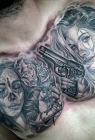 Ženski portret u meksičkom tradicionalnom crnom stilu i uzorak tetovaže pištolja