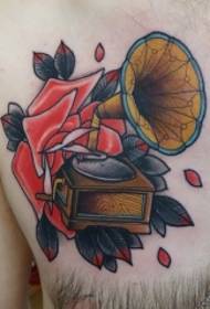 chest European and American rose phonograph tattoo pattern