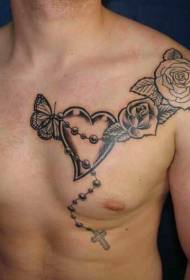 男士胸心形十字玫瑰紋身圖案