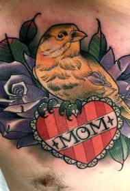 new school chest color bird with rose and heart tattoo pattern