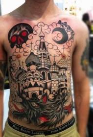 chest large area color mysterious castle with skull tattoo pattern