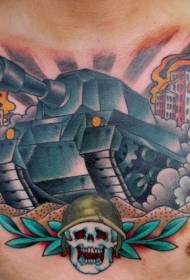 胸の色のタンクと燃える都市の頭蓋骨のタトゥーパターン