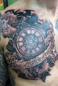 Mellkasi fekete-fehér rózsa és az óra tetoválás minta