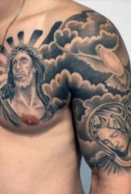 half-black-grey religious style Jesus Madonna pigeon tattoo pattern