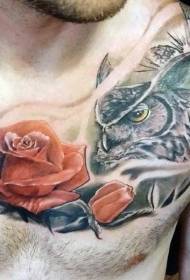 borst veelkleurige uil en roos tattoo patroon