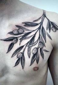 chest black olive branch tattoo pattern