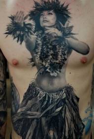 पेट यथार्थवादी काले और सफेद नृत्य आदिवासी महिला टैटू पैटर्न