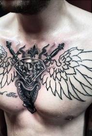 chest black line wings and realistic diamond tattoo pattern