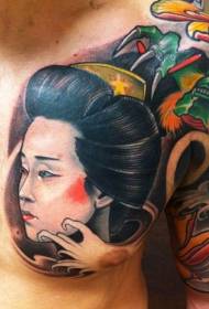 Cute Color Asian Geisha Portrait Chest Tattoo Patroon