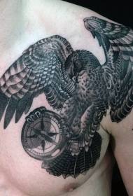 chest of magnificent black gray eagle with compass tattoo pattern