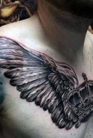 chest black gray style wings with crown tattoo pattern