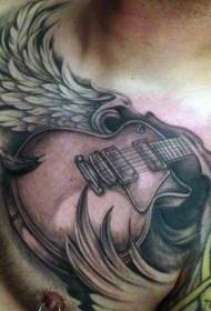 Chest amazing black and white guitar with wings tattoo pattern