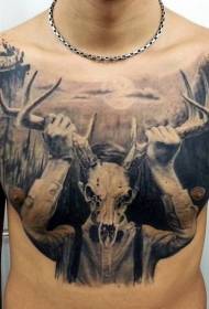 chest black mysterious little boy with deer skull tattoo pattern