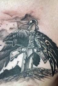 chest black gray crow and dagger tattoo pattern